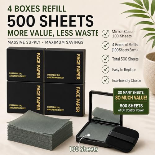 OOPPOO Oil Blotting Sheets for Face 500 Pcs with Mirror & Refill Pack - Light Gray, Odorless, Makeup Friendly, Durable, for Oily Skin