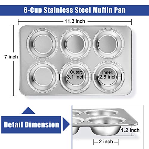 TeamFar Stainless Steel Muffin Pan - 6 Cup Baking Tray for Muffins, Cupcakes & Quiches