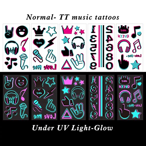 Konsait 10 Sheets Glow in the Dark Temporary Tattoos - Music Notes & Neon Designs