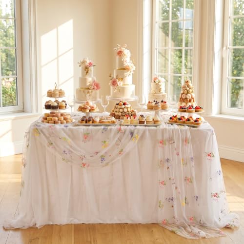 QueenDream Floral Table Runner 10FT White Embroidery Tulle