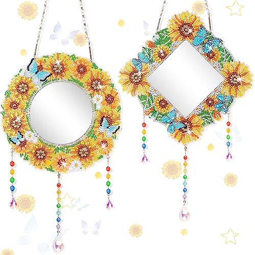 2Pcs DIY Diamond Painting Mirror Kit - Sunflower Butterfly Crystal Craft Set