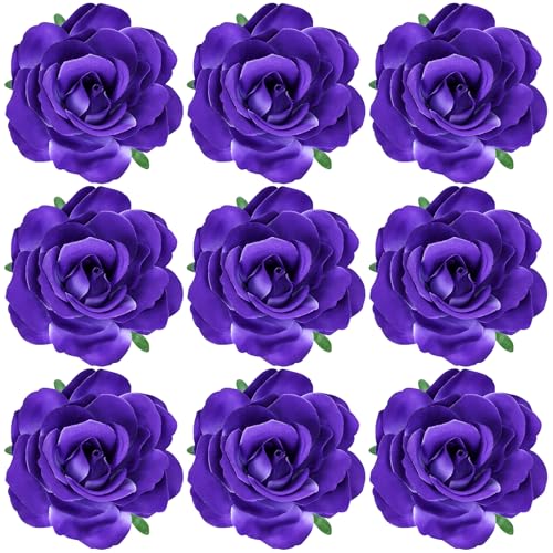 Purple Flower Hair Clips 10cm Alligator Barrettes for Women & Girls - Wedding Party Prom Accessories (Pack of 9)