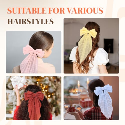 Loqpol 6 pcs Oversized Chiffon Hair Bows with Alligator Clips - Red Lavender Pink Yellow Blue White