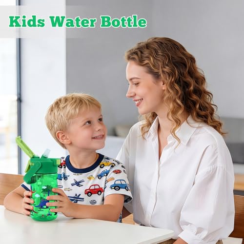 20oz Kids Water Bottle with Straw - Leak-Proof, Misting & Pop-Up Spout, Dinosaur Design