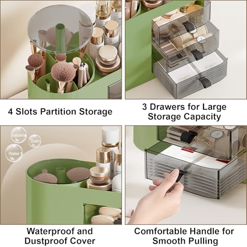 DASITON Makeup Organizer with 3 Drawers & Automatic Pop-Up Brush Holder