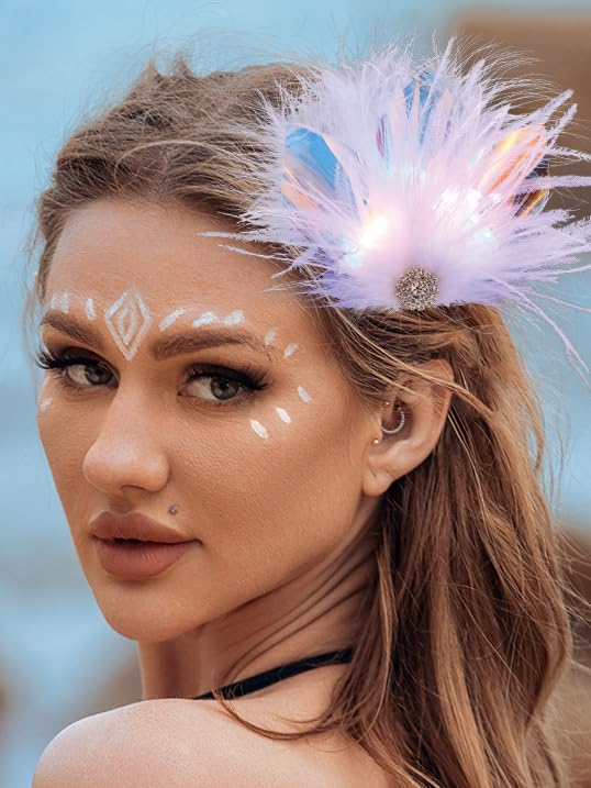 JAKAWIN LED Feather Hair Clip with Rhinestones for Party and Rave