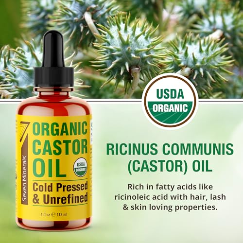 Seven Minerals Organic Castor Oil 4oz for Eyelash, Eyebrow & Hair Growth - Pack of 1