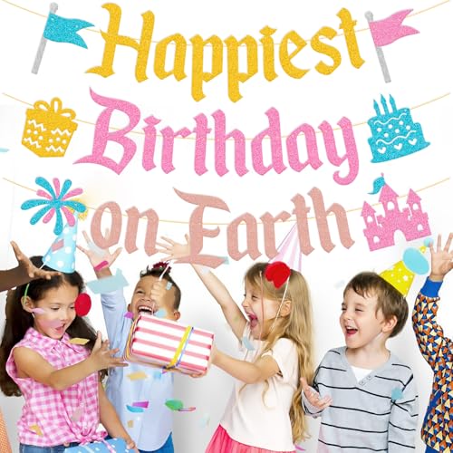 Happiest Birthday on Earth Banner - Colorful Princess Party Decor