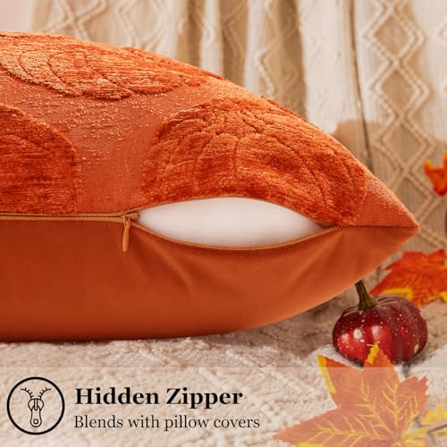 Chenille Pumpkin Throw Pillow Covers 18x18 - Set of 2 for Fall Decor