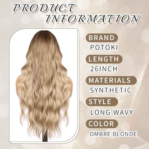 Potoki Ombre Blonde Long Wavy Synthetic Wig with Bangs - 26 Inch
