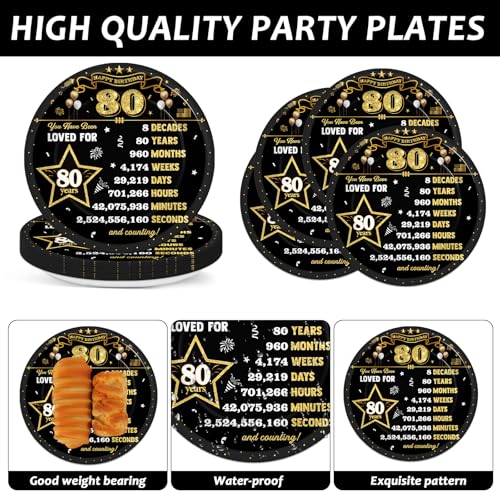 80th Birthday Party Supplies Set - Black Gold Plates & Napkins