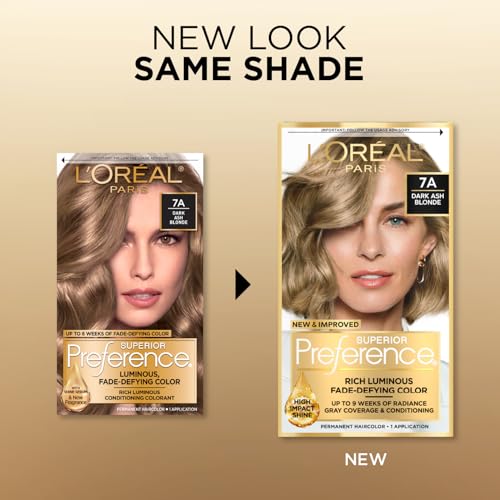 L'Oreal Paris Superior Preference Luminous Fade-Defying Permanent Hair Color, Hair Dye For Up to 9 Weeks of Radiance, Dark Ash Blonde 7A, 1 Hair Dye Kit
