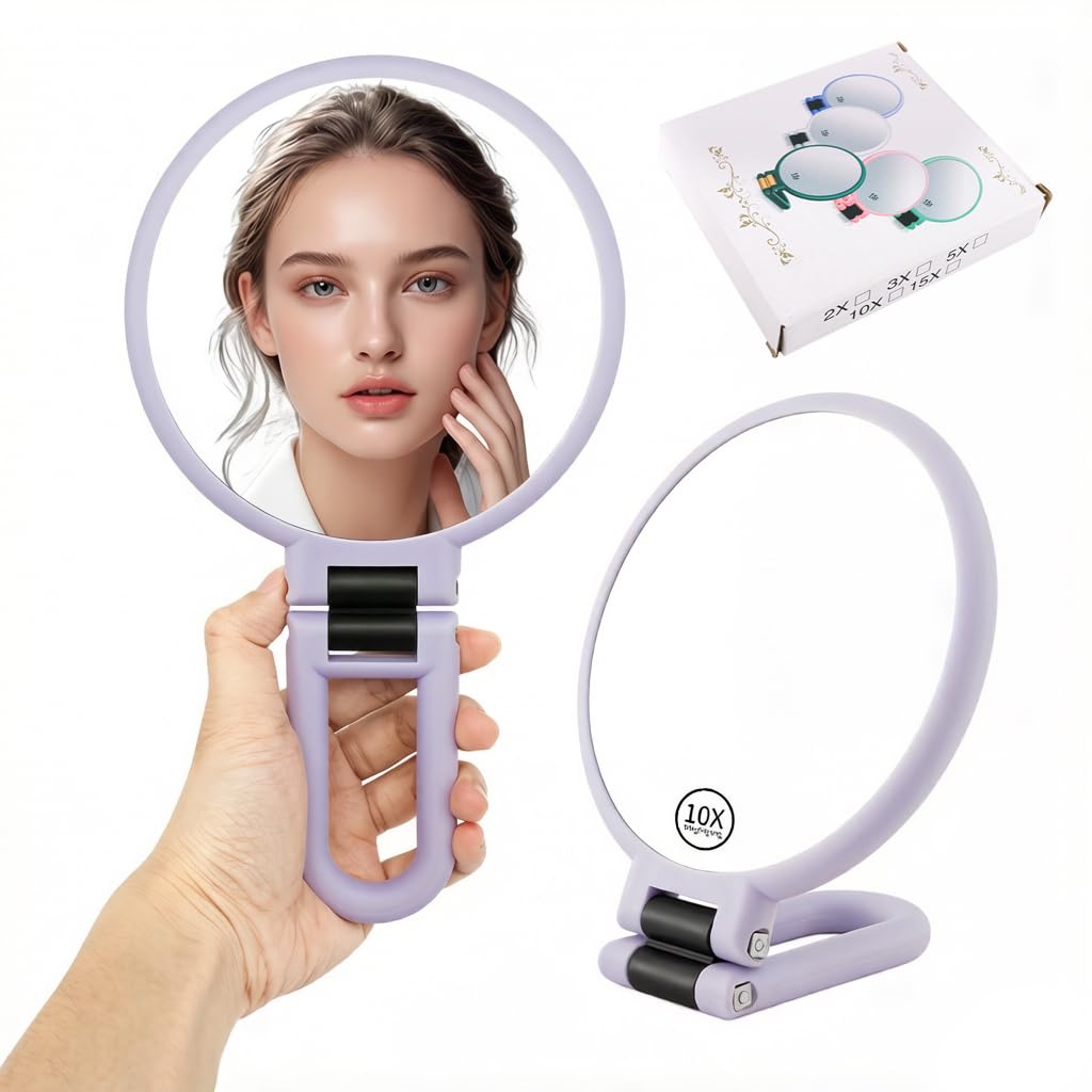 Magnifying Handheld Mirror Double Sided, 1X 10X Magnification Hand Mirrors, Travel Folding Hand Held Mirror, 360° Rotation Pedestal Makeup Vanity Mirror (Purple)