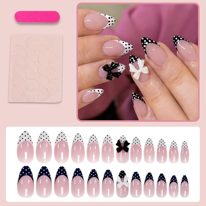 Tnampv Style 3 Medium Almond French Tip Press On Nails with Polka Dots - Black & White, Glossy Full Cover Fake Nails for Women, 24pcs