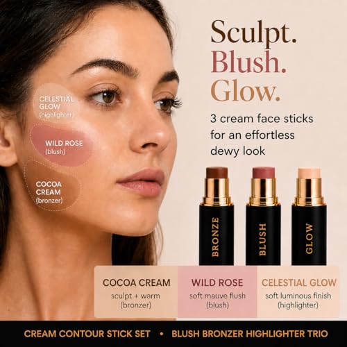 Cream Contour Stick Set ? Blush, Bronzer & Highlighter Trio | Hydrating, Buildable, High-Pigment Makeup with Shea Butter & Vitamin E | Phoenix Beauty Gift Set (Enchanted)