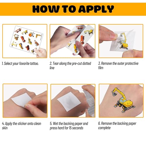 Pre-Cut Construction Temporary Tattoos for Kids - 60 Pack