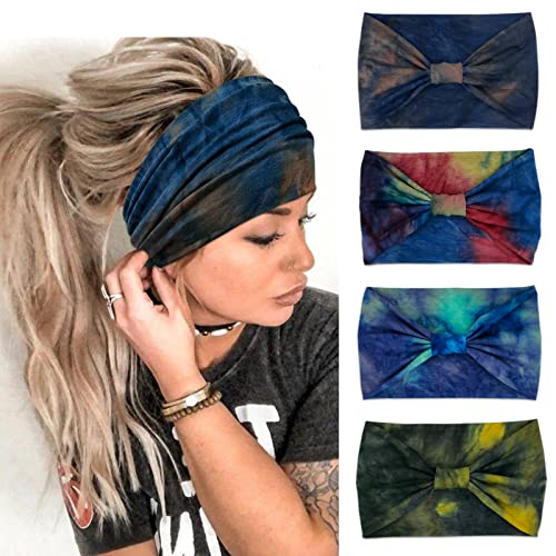 YONUF Wide Headbands for Women 4 Pack Blue Tie Dye Boho Knotted Hair Accessories