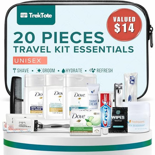 20 Piece Unisex Travel Hygiene Kit with Toiletries & Personal Care Essentials, TSA-Compliant, Individual and Bulk Packs Available