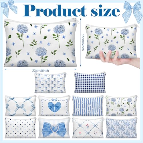 10 Pcs Coquette Bow Makeup Bags, Blue Canvas Cosmetic Travel Pouch Set