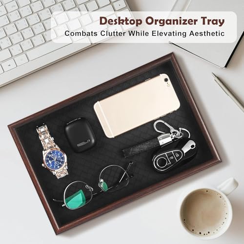 Wooden Valet Tray with Leather Base - Nightstand Organizer for Essentials