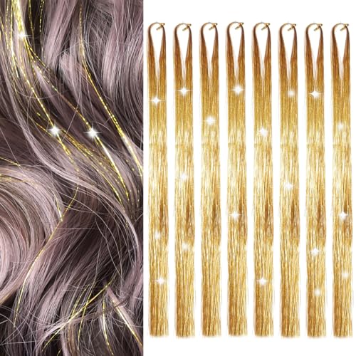 Hair Tinsel Extensions - 8 Packs, 1600 Strands, 50 Inch Gold