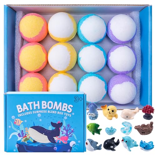 Ponomoba Organic Bath Bombs for Kids with Ocean Animal Surprise Toys (12 Pack)