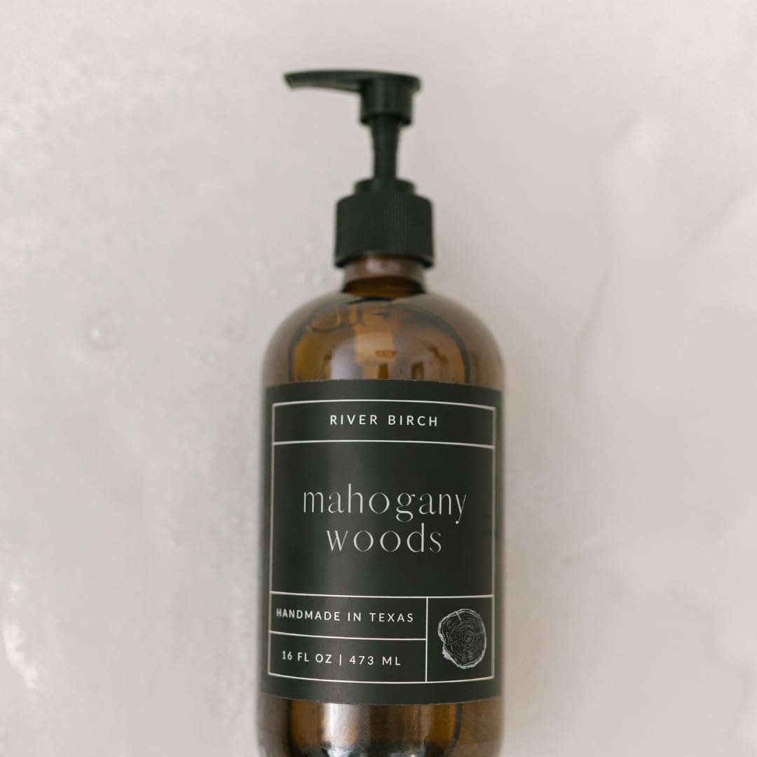 River Birch Mahogany Woods Scented Hand Soap - Moisturizing Vegan Formula | 16 Fl Oz Amber Glass Dispenser