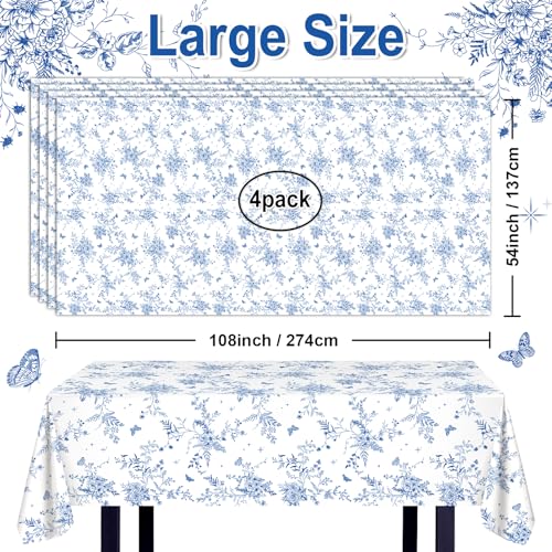 Blue Floral Tablecloths - 4 Pack, Disposable & Waterproof - 108x54 in
