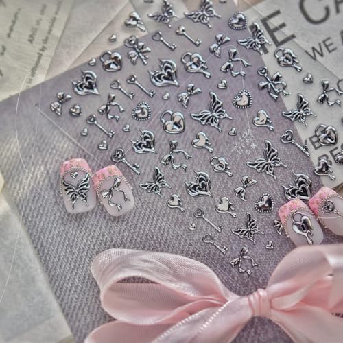 Rdntbeu 5D Embossed Nail Art Stickers Style-28 Self-Adhesive Hearts & Butterflies Goth Design