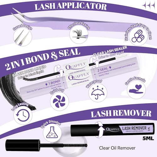 QUAFFLY 280Pcs DIY Lash Clusters Kit with Bond, Seal, Remover & Tweezers