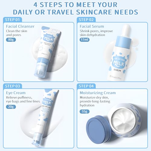 MIZEEYE 4Pcs Milk Skin Care Set for Teens - Cleanser, Serum, Cream & Eye Cream