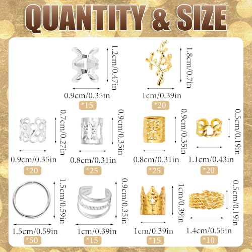 NAISKA 215PCS Gold & Silver Hair Cuffs for Braids - 10 Styles Hair Jewelry Set
