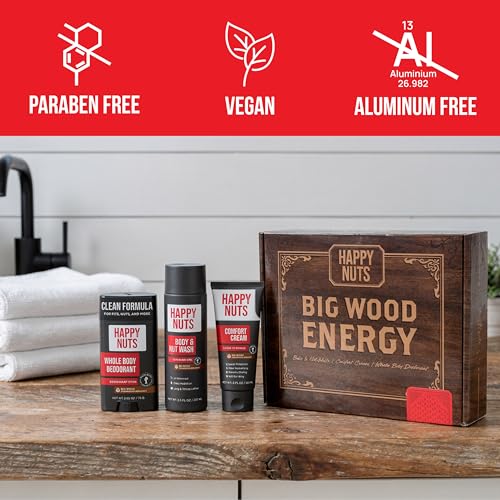HAPPY NUTS Mens Gift Hygiene Kit - Big Wood Energy Box Men's Gift - Whole Body Deodorant, Moisturizing Body Wash, Anti-Chafing Comfort Cream - Body & Shower Gift Set Self Care For His Total Package