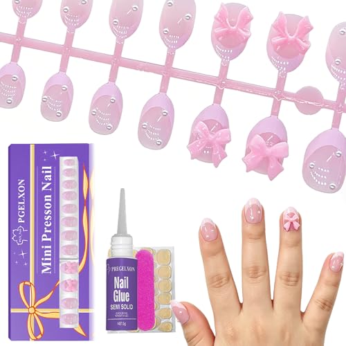 24pcs Kids Press On Nails with Pink Bow & Pearl - Non-Toxic Fashion Kit