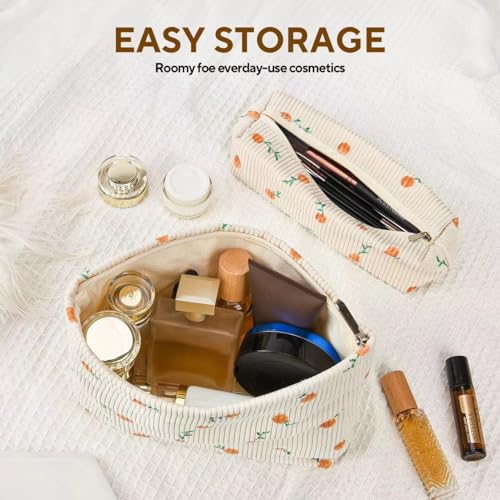 Corduroy Makeup Bag Set - Aesthetic Travel Cosmetic Pouch with Brush Case