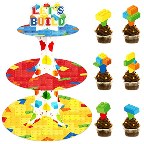 Building Block Cupcake Stand with 24 Cupcake Toppers - 3-Tier Party Decor