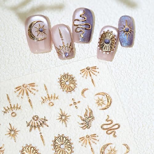 Gold 5D Nail Art Stickers - Star & Moon Design Self-Adhesive Decals