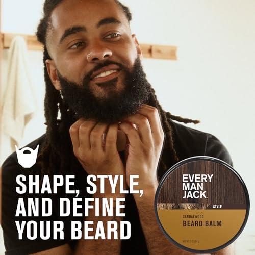 Every Man Jack Beard Styling Balm - Light Sandalwood Scent - Moisturize, Strengthen, and Style Your Beard - Medium Hold - Made w/Naturally Derived Ingredients like Candelilla Wax and Shea Butter - 2oz