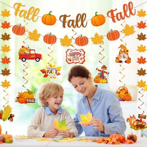 Autumn Party Decorations Set - Glitter Fall Banner & Leaf Garland