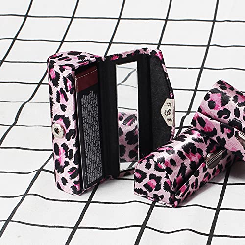 Leopard Pattern Lipstick Case with Mirror - 3 Pcs Holder Set