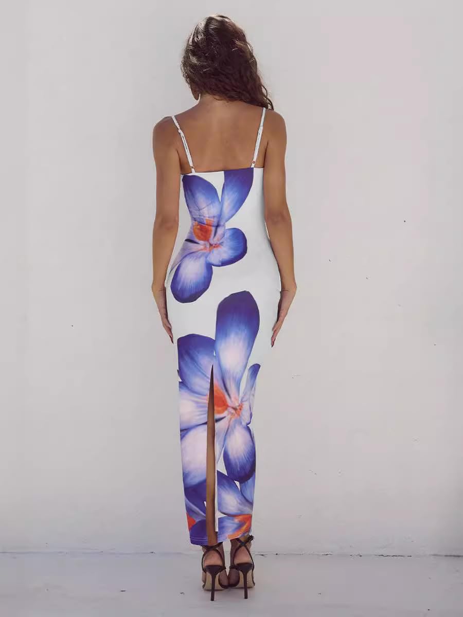 Women Floral Print Maxi Dress Spaghetti Strap Sleeveless Bodycon Long Dress Back Slit Summer Beach Party Dress