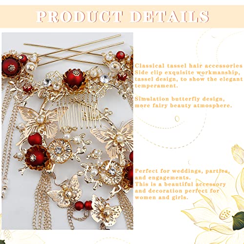 Vintage Butterfly Tassel Hair Clip Set with Pearls for Weddings
