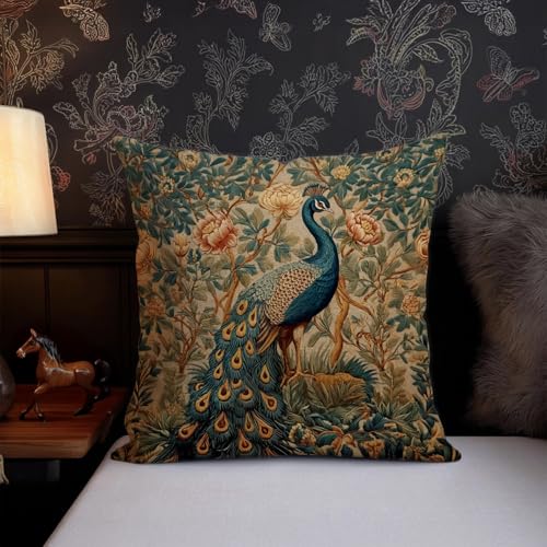 Vintage Peacock Floral Throw Pillow Cover - 18x18 Inch Flannel Cushion