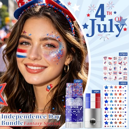 LuLuTone 4th of July Accessories Set #Set A Patriotic Body & Face Glitter Paint Stick & Tattoos