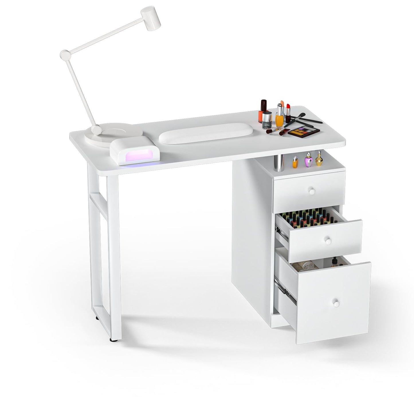 Charmmade Nail Desk, White Manicure Table with Wrist Cushion
