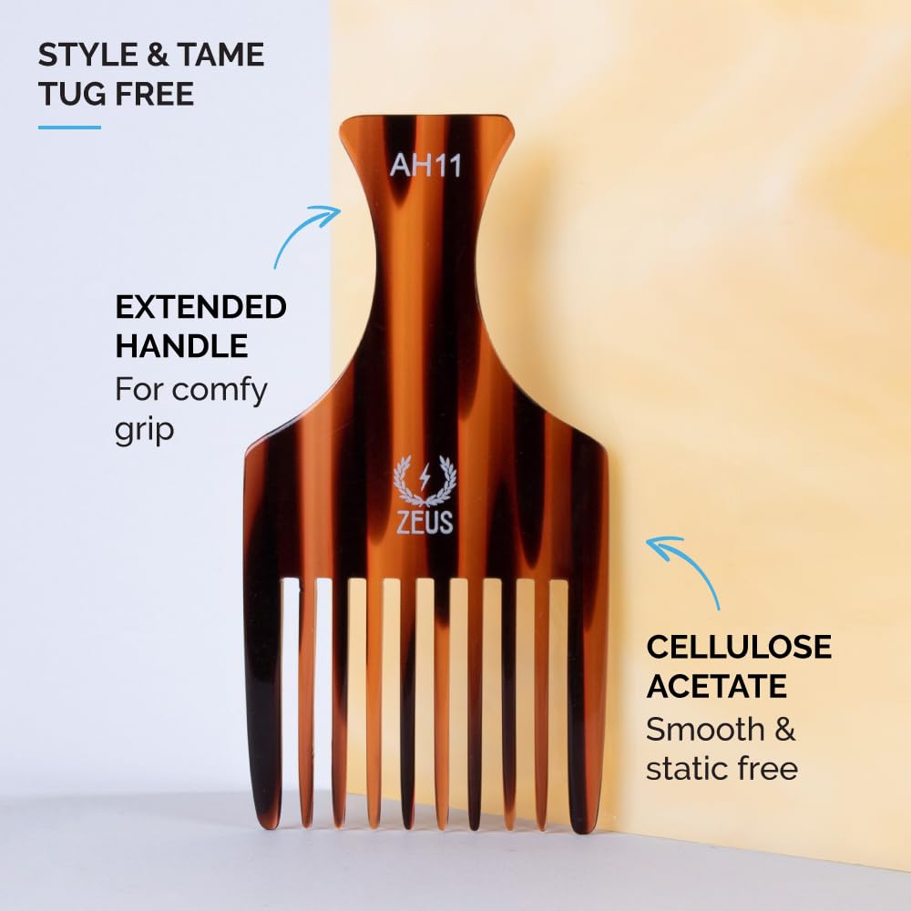 ZEUS Afro Hair Pick for Men, Large Wide-Tooth Detangling Comb for Curly Hair, Beards, Natural & Textured Styles (5.25”) AH11