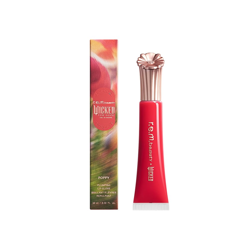 r.e.m. beauty by Ariana Grande Wicked: For Good | Poppy Plumping Lip Gloss | Poppy Punch | Instant Plumping Effect for Hydrated, Softer and Smoother Lips | Silky, Non-Sticky Feel | 0.34 Fl Oz