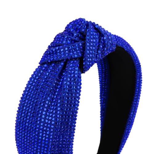 Royal Blue Rhinestone Knotted Headband for Women - Non-Slip Wide Hair Band