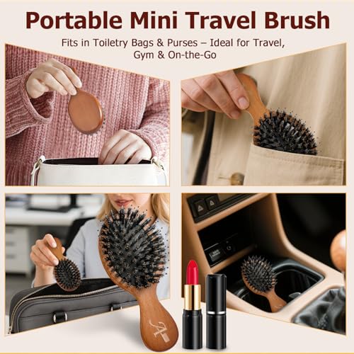 Ancable Wood Mini Round Travel Hair Brush with Boar Bristles, Kid-Friendly & Portable