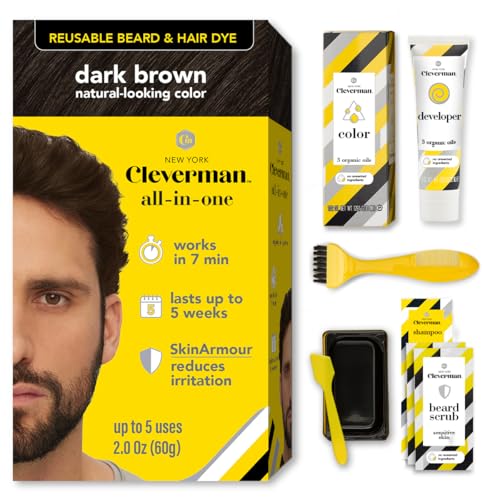 Reusable Hair & Beard Dye for Men ? Dark Brown 3.1 | Up to 5 Uses, 7 Minutes | Natural Gray Coverage, No-Drip Cream with SkinArmour¢ç ? Cleverman